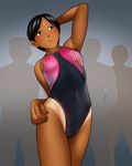  1girl black_hair competition_swimsuit one-piece_swimsuit sandansu short_hair swimsuit tan tanline 