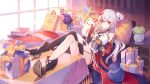 1girl artist_request bangs boots breasts china_dress chinese_clothes closed_mouth dress feathers fu_hua gift gold_trim gradient_hair hair_between_eyes hair_ornament high_heel_boots high_heels highres honkai_(series) honkai_impact_3 indoors legs_crossed legs_on_table long_hair looking_at_viewer low_ponytail medium_breasts multicolored_hair o-ring official_art pelvic_curtain phoenix_(honkai_impact) plant potted_plant red_eyes red_hair side_slit sidelocks silver_hair single_thighhigh solo streaked_hair stuffed_animal stuffed_toy table thighhighs thighlet turquoise_(gemstone) window 