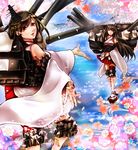  cherry_blossoms fusou_(kantai_collection) hair_ornament kantai_collection looking_at_viewer mountain multiple_girls nontraditional_miko open_mouth petals red_eyes smile yamashiro_(kantai_collection) yuri_chikao 