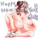  2015 animal_ears bikini breasts gigantic_breasts happy_new_year hat highres horns long_hair looking_at_viewer micro_bikini mnjs new_year nipple_slip nipples original sheep_ears sheep_girl sheep_horns sheep_tail silver_eyes silver_hair solo swimsuit tail 