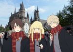  aldnoah.zero asseylum_vers_allusia blonde_hair blush brown_eyes brown_hair cloak cosplay green_eyes harry_potter kaizuka_inaho kurusu_awa long_hair open_mouth platinum_blonde_hair short_hair slaine_troyard smile translation_request wand 