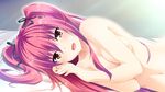  1girl bed blush breasts brown_eyes collarbone game_cg hair_ribbon happy highres kimishima_ao large_breasts long_hair looking_at_viewer lying mitsu_king navel nude on_side open_mouth otome_ga_kanaderu_koi_no_aria pillow red_hair ribbon shiny shiny_skin solo twintails zinno 