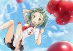  :d akayan bad_id bad_pixiv_id balloon breast_pocket cloud collared_shirt day eyewear_hang eyewear_removed from_below glasses green_eyes green_hair gumi holding looking_at_viewer necktie open_mouth pocket shirt short_hair sky smile socks solo vocaloid 