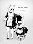  2girls animal_ears apron centaur centauroid dark_skin english full_body greyscale happy_new_year holding_hands hooves horns horse_ears horse_tail kensaint long_hair looking_at_another maid maid_apron maid_headdress monochrome monster_girl multiple_girls multiple_legs new_year original ponytail shadow sheep_ears sheep_girl sheep_horns smile tail 