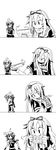  4koma :&lt; ahoge braid bread chewing comic commentary_request eating expressive_hair fang fingerless_gloves food gloves greyscale hair_flaps hair_ribbon highres kantai_collection long_hair monochrome multiple_girls necktie pleated_skirt remodel_(kantai_collection) ribbon scarf school_uniform serafuku shigure_(kantai_collection) single_braid skirt sweatdrop to-siro translated yuudachi_(kantai_collection) 