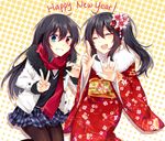  bellezza_felutia black_hair blue_eyes felutiahime happy_new_year heterochromia highres japanese_clothes kimono long_hair multiple_boys new_year original otoko_no_ko pantyhose ponytail red_eyes scarf self_upload skirt smile winter_clothes 