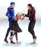  2boys archer artoria_pendragon_(all) bad_id bad_pixiv_id beanie casual coat dress fate/stay_night fate_(series) hat height_difference highres ice_skates ice_skating lancer multiple_boys pantyhose saber skates skating toridori_(csunhong1) winter_clothes 