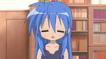  1girl animated_gif birth_mark blue_hair bouncing eyes_closed izumi_konata long_hair lucky_star mole saliva sexually_suggestive 