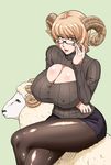  breasts cleavage curvy glasses horns huge_breasts light_smile looking_at_viewer ml original pantyhose parted_lips red_eyes ribbed_sweater sheep sheep_horns simple_background sitting solo sweater thighs yellow_background 