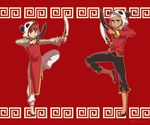  animal_hood archer bad_id bad_pixiv_id changpao chinese_clothes cosplay emiya_shirou fate/stay_night fate_(series) gumi gumi_(cosplay) highres hood kagamine_rin kagamine_rin_(cosplay) kanshou_&amp;_bakuya multiple_boys panda_hood red_hair standing standing_on_one_leg sword tangzhuang toridori_(csunhong1) weapon white_hair yie_ar_fan_club_(vocaloid) 