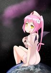  :t absurdres bat_wings blood blood_on_face blush borrowed_character earth ebola-chan flower hair_flower hair_ornament hat highres holding kuku123 long_hair looking_back nurse nurse_cap original personification pink_hair planet pout short_sleeves sitting skull solo space star_(sky) twintails wings yellow_eyes 