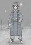  adapted_uniform ascot belt blood blood_on_face brown_hair dirty erica_(naze1940) hand_on_hip helmet highres md5_mismatch military muted_color original pouch short_hair sketch sky snow snowing soldier solo stahlhelm standing tree winter_clothes world_war_ii 