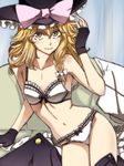  adjusting_clothes adjusting_hat bra braid breasts clothes_removed fingerless_gloves gloves hair_ribbon hat hibino_nozomu kirisame_marisa long_hair looking_at_viewer navel panties ribbon side_braid small_breasts solo stomach thighhighs touhou tress_ribbon underwear underwear_only wavy_hair white_bra white_panties witch_hat yellow_eyes 