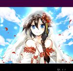  alternate_costume bare_shoulders black_hair blue_eyes braid cloud day dress hair_ornament hair_over_shoulder hair_ribbon jewelry kantai_collection long_hair looking_at_viewer petals ribbon ring shigure_(kantai_collection) shigureru single_braid sketch sky smile solo veil wedding_band wedding_dress 