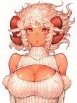  2015 animal_ears breasts cleavage covered_nipples curly_hair dark_skin fumio_(rsqkr) horns large_breasts looking_at_viewer meme_attire open-chest_sweater original parted_lips red_eyes sheep_ears sheep_girl sheep_horns short_hair simple_background sleeveless sleeveless_turtleneck solo sweater turtleneck white_hair 