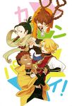  3boys abiriga_(shoukoku_no_altair) black_hair blonde_hair brown_hair cyrus_eos_apollodoros eating food gime green_eyes long_hair mahmut_bey multiple_boys niki_al-bahram orange_eyes short_hair shoukoku_no_altair skewer smile 