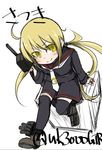  ahoge blonde_hair character_name crate crescent kantai_collection long_hair long_sleeves low_twintails necktie satsuki_(kantai_collection) school_uniform sitting smile solo twintails twitter_username uzuki_kosuke weapon white_background yellow_eyes 
