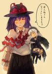  blush blush_stickers breast_poke closed_eyes crossover female_pervert hairband hat luco_san minigirl multiple_girls nagae_iku pervert poking purple_hair red_eyes rozen_maiden sitting suigintou touhou translated wings yellow_background 