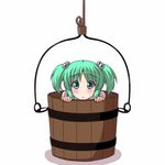  bucket green_eyes green_hair hair_bobbles hair_ornament in_bucket in_container kisume short_hair solo touhou twintails utakata_(azaka00) wooden_bucket 