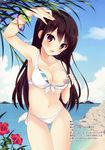  :d absurdres armpits bangle bekotarou bikini black_hair blush bracelet breasts cleavage cloud day front-tie_top highres jewelry large_breasts long_hair looking_at_viewer navel nipple_slip nipples open_mouth original red_eyes side-tie_bikini sky smile solo standing swimsuit 