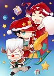  animal_costume chibi christmas hat jean_pierre_polnareff jojo_no_kimyou_na_bouken kaguya_ame kakyouin_noriaki kuujou_joutarou male_focus multiple_boys reindeer_costume sack santa_costume santa_hat sleigh 