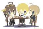  ahoge bad_id bad_pixiv_id black_eyes blonde_hair brown_hair chameleon_man_(three) chibi country_connection crossed_legs crossover cup darjeeling detached_sleeves drinking flat_color girls_und_panzer holding kantai_collection kongou_(kantai_collection) long_hair looking_at_viewer lynette_bishop multiple_crossover multiple_girls nontraditional_miko one_eye_closed pantyhose school_uniform sitting strike_witches teacup thighhighs trait_connection world_witches_series 