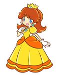  blush_stickers brown_hair crown dress earrings gloves jewelry long_hair open_mouth princess_daisy puyopuyo smile style_parody super_mario_bros. super_mario_land 