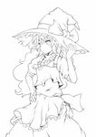  braid greyscale hand_on_headwear hand_on_hip kirisame_marisa lineart long_hair looking_away luco_san monochrome simple_background single_braid solo touhou weapon white_background 