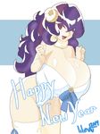  2014 ;) bare_shoulders breasts cleavage detached_collar goat_girl goat_horns happy_new_year horns huge_breasts leotard lilirulu long_hair monster_girl new_year one_eye_closed original purple_hair red_eyes smile solo thighhighs white_legwear 