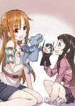  :d asuna_(sao) bare_legs black_hair blush character_doll dragon hand_puppet highres kirito long_hair matsuryuu multiple_girls open_mouth orange_eyes orange_hair puppet sitting sketch skirt smile socks sword sword_art_online weapon white_legwear yui_(sao) 