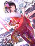  alternate_hairstyle amagi_brilliant_park architecture black_hair blush brown_eyes dutch_angle east_asian_architecture floral_print fur_trim hair_ornament hair_up highres japanese_clothes kanzashi kimono koborii_(amaburi) looking_at_viewer new_year omikuji shrine smile snow solo swordsouls tree 