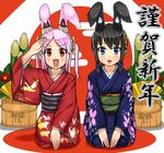  :3 :d animal_ears black_hair blue_eyes bowing bunny_ears happy_new_year hawe_king japanese_clothes kadomatsu kimono long_hair looking_at_viewer multiple_girls new_year open_mouth original pink_hair red_eyes salute seiza sitting smile translated v_arms 