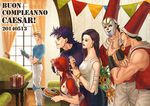  4boys asuteka battle_tendency black_hair blonde_hair bouquet caesar_anthonio_zeppeli cake flower food gift hat jojo_no_kimyou_na_bouken joseph_joestar_(young) lisa_lisa loggins_(jojo) mask messina_(jojo) multiple_boys multiple_girls purple_hair sunflower suzi_q 