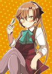  akigumo_(kantai_collection) bespectacled blush bow bowtie brown_hair crossed_legs glasses green_eyes grin kantai_collection long_ponytail long_sleeves oomori_(kswmr) pantyhose pencil sitting smile solo 