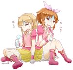  abe_nana arm_support blonde_hair blush boots brown_hair canned_air full_body futaba_anzu hair_ribbon idolmaster idolmaster_cinderella_girls long_hair multiple_girls nagian open_mouth pink_footwear ponytail ribbon sitting skirt sweat sweatdrop tired turn_pale twintails 