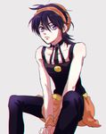  bad_id bad_pixiv_id black_hair headband indian_style jojo_no_kimyou_na_bouken kamu_(simp3) male_focus narancia_ghirga purple_eyes sitting solo 