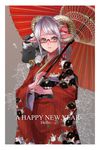  2015 animal_ears bell cowboy_shot floral_print furisode glasses goat_eyes highres horns japanese_clothes kimono kumonji_aruto looking_at_viewer nengajou new_year oriental_umbrella original red-framed_eyewear semi-rimless_eyewear sheep sheep_ears sheep_girl sheep_horns short_hair silver_hair solo umbrella under-rim_eyewear 