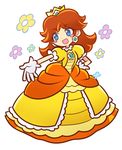  blush_stickers brown_hair crown dress earrings gloves jewelry long_hair open_mouth princess_daisy puyopuyo smile style_parody super_mario_bros. super_mario_land 