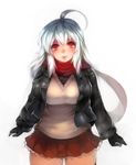  black_gloves blush breasts cowboy_shot gloves jacket large_breasts long_hair looking_at_viewer luco_san original red_eyes scarf silver_hair simple_background skirt smile solo sweater white_background 