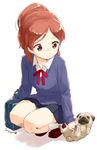 brown_eyes brown_hair dated full_body hand_on_another's_stomach lying nagian on_back original pug school_uniform skirt smile solo squatting sweater 