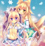  animal_ears blonde_hair elbow_gloves fox_ears fox_tail gloves highres long_hair midriff monaka_natsume multiple_girls multiple_tails original purple_eyes tail thighhighs yellow_eyes 