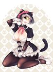  animal_ears apron black_hair brackmmm breasts cat_ears cat_tail cleavage curvy cyclops gloves gradient_hair hair_ribbon large_breasts maid maid_apron maid_outfit multicolored_hair one-eyed one_eye open_mouth original pantyhose ribbon shoes short_hair sitting solo tail tongue white_hair wide_hips yellow_eyes 