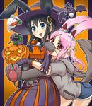  :d animal_costume animal_ears black_hair blue_eyes bunny_ears ears_through_headwear gloves hair_ornament halloween hat hawe_king hug hug_from_behind jack-o'-lantern long_hair looking_at_viewer multiple_girls open_mouth original paw_gloves paws pink_hair red_eyes smile witch_hat wolf_costume wolf_paws 