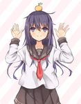  akatsuki_(kantai_collection) food food_on_head fruit hachita_(odangoya) kantai_collection long_hair looking_at_viewer md5_mismatch object_on_head pleated_skirt purple_eyes purple_hair school_uniform serafuku skirt smile solo 