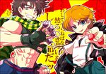  between_fingers blonde_hair bola_(weapon) brown_hair bt_(ma_shounen_bt) jojo_no_kimyou_na_bouken joseph_joestar_(young) ma_shounen_bt midriff multiple_boys sadahara_inako scarf 