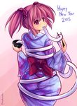  2015 ass blush bow bowl chopsticks eating food from_behind happy_new_year highres japanese_clothes kaname_madoka kimono looking_back mahou_shoujo_madoka_magica maullarmaullar mochi new_year obi pink_eyes pink_hair restrained sash scrunchie short_twintails solo taut_clothes twintails wide_hips you're_doing_it_wrong 