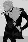  bad_id bad_pixiv_id cigarette formal greyscale jewelry jojo_no_kimyou_na_bouken karukachika male_focus monochrome necklace prosciutto smoke solo suit 