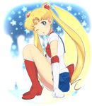  back_bow bishoujo_senshi_sailor_moon blonde_hair blue_eyes blue_sailor_collar bow choker double_bun elbow_gloves finger_to_mouth gloves highres long_hair looking_at_viewer magical_girl one_eye_closed petagon red_bow red_choker sailor_collar sailor_moon sailor_senshi_uniform skirt solo star tiara tsukino_usagi twintails very_long_hair white_background white_gloves 