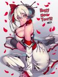  arm_support artist_name bare_shoulders black_legwear breasts cleavage detached_sleeves happy_new_year horns jjune large_breasts new_year no_shoes original petals sheep_horns side_ponytail sitting solo thighhighs white_hair yellow_eyes yokozuwari 