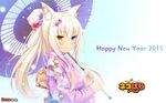  2015 :3 animal_ears blue_eyes blush cat_ears coconut_(sayori) copyright_name flower hair_flower hair_ornament happy_new_year heterochromia highres japanese_clothes kimono long_hair looking_at_viewer nekopara new_year obi oriental_umbrella platinum_blonde_hair ponytail sash sayori slit_pupils smile solo umbrella wallpaper yellow_eyes 